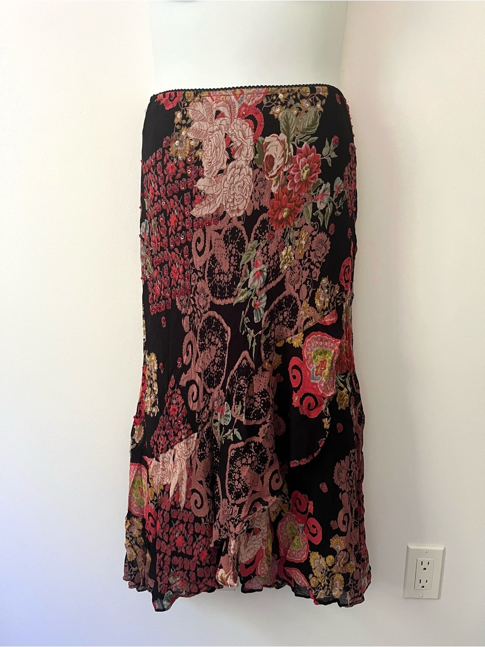 90s Y2k Fairy Grunge Floral Midi Skirt Sequin Beaded Paisley Flounce Hem Witchy